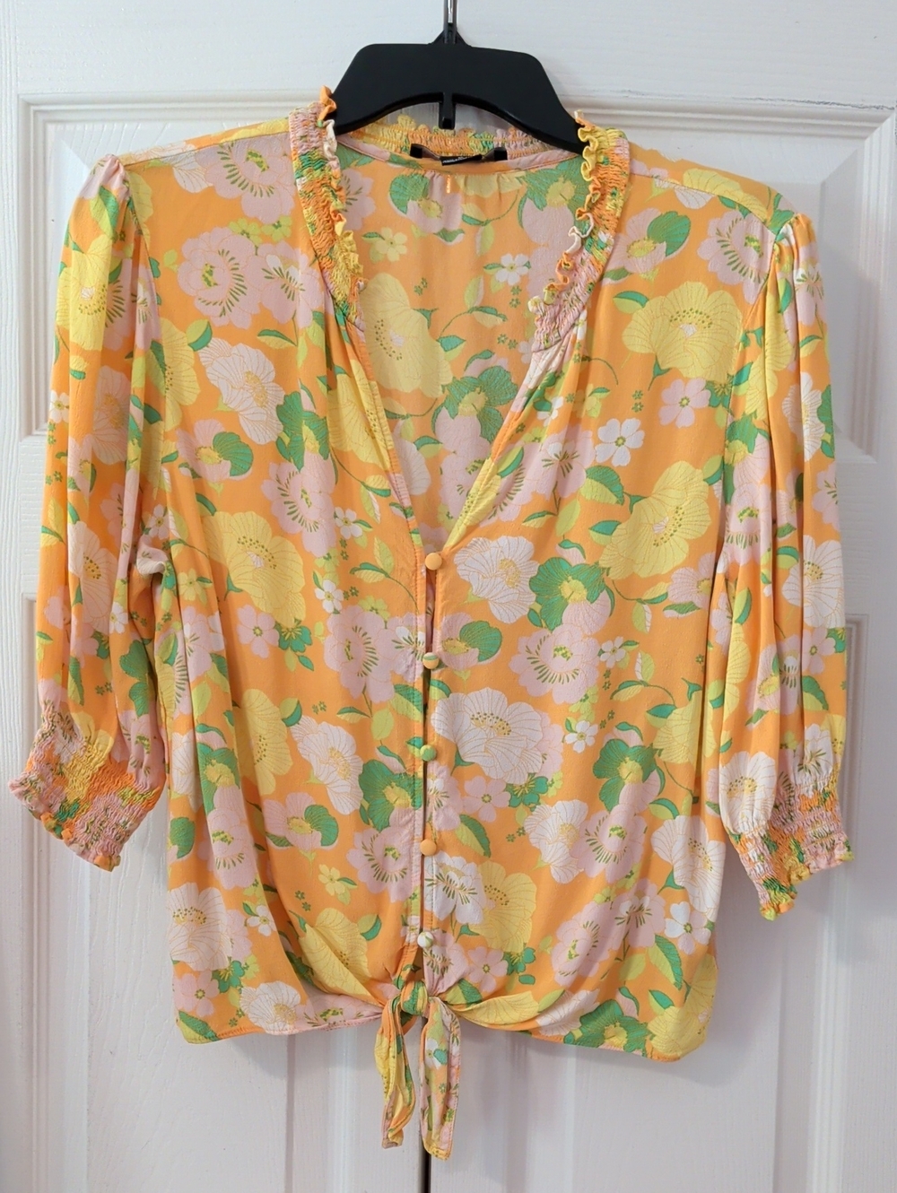 Sanctuary Yellow Pink Green Floral Tie-Front Blouse